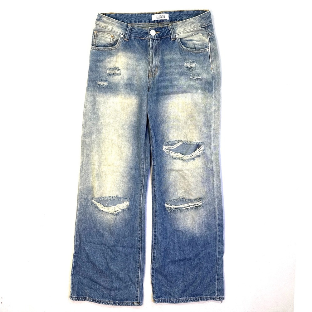 Telepatia Distressed Wide Leg Jeans Medium Wash Ripped Knee Denim Size 7/28